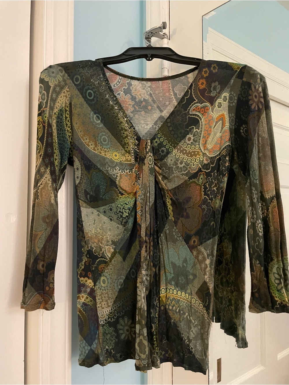 Paparazzi Olive Multi Abstract Print Sheer Gathered-Front Blouse